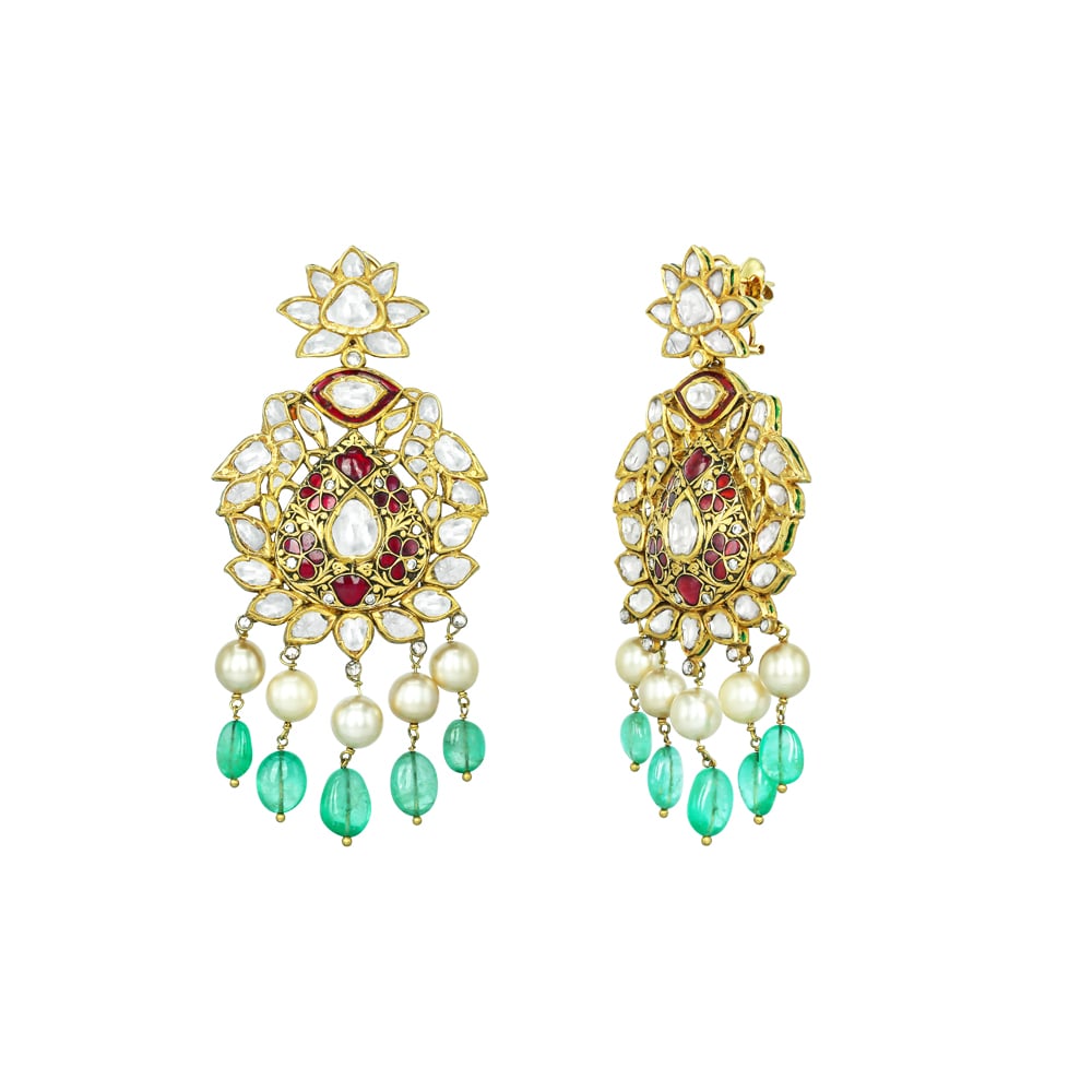 Polki Necklace Set with Red Stones, Emerald Beads, and Pearls